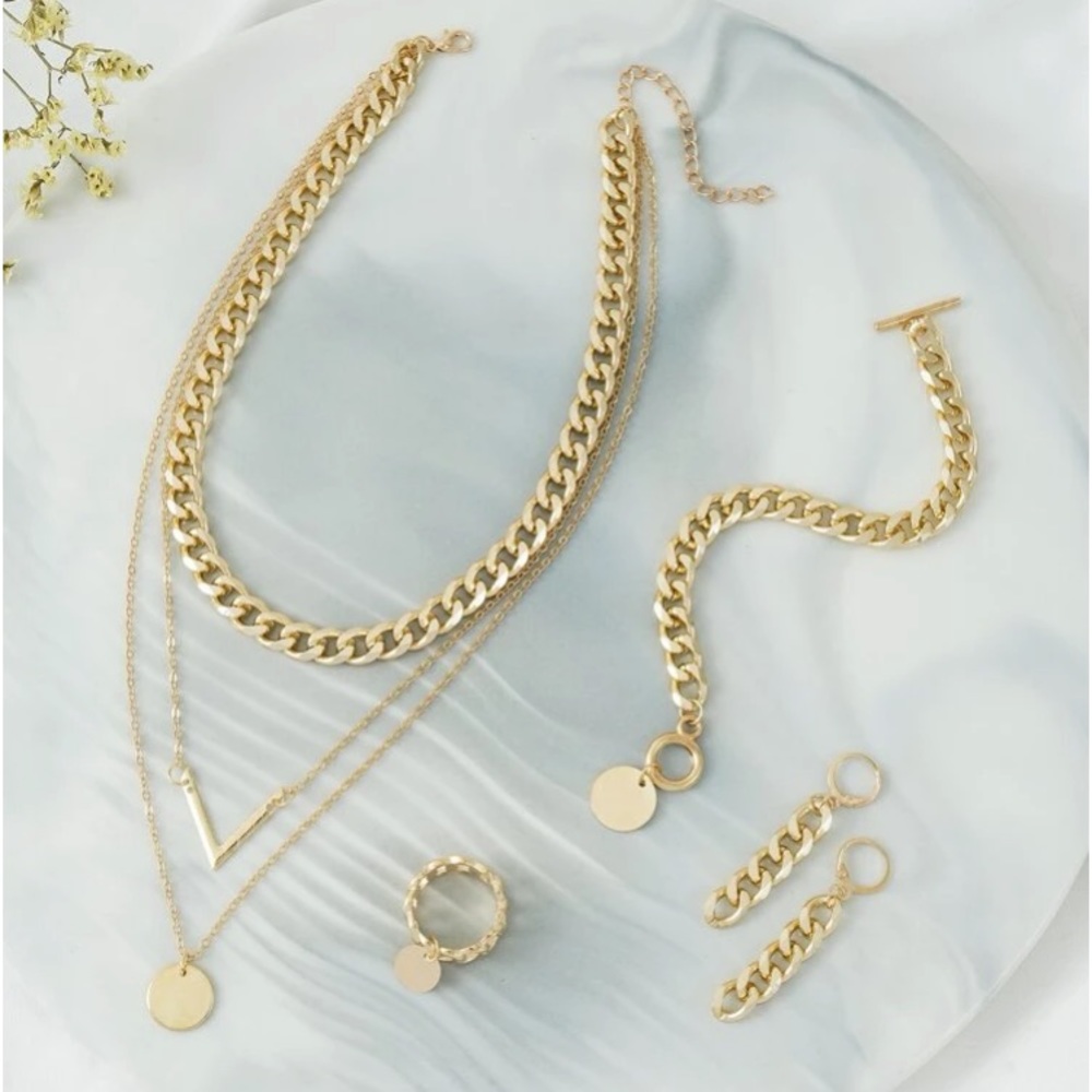 Gold Chunky 'Carrie' Chain Link Layering Set-Necklace, Earrings, Ring, B…